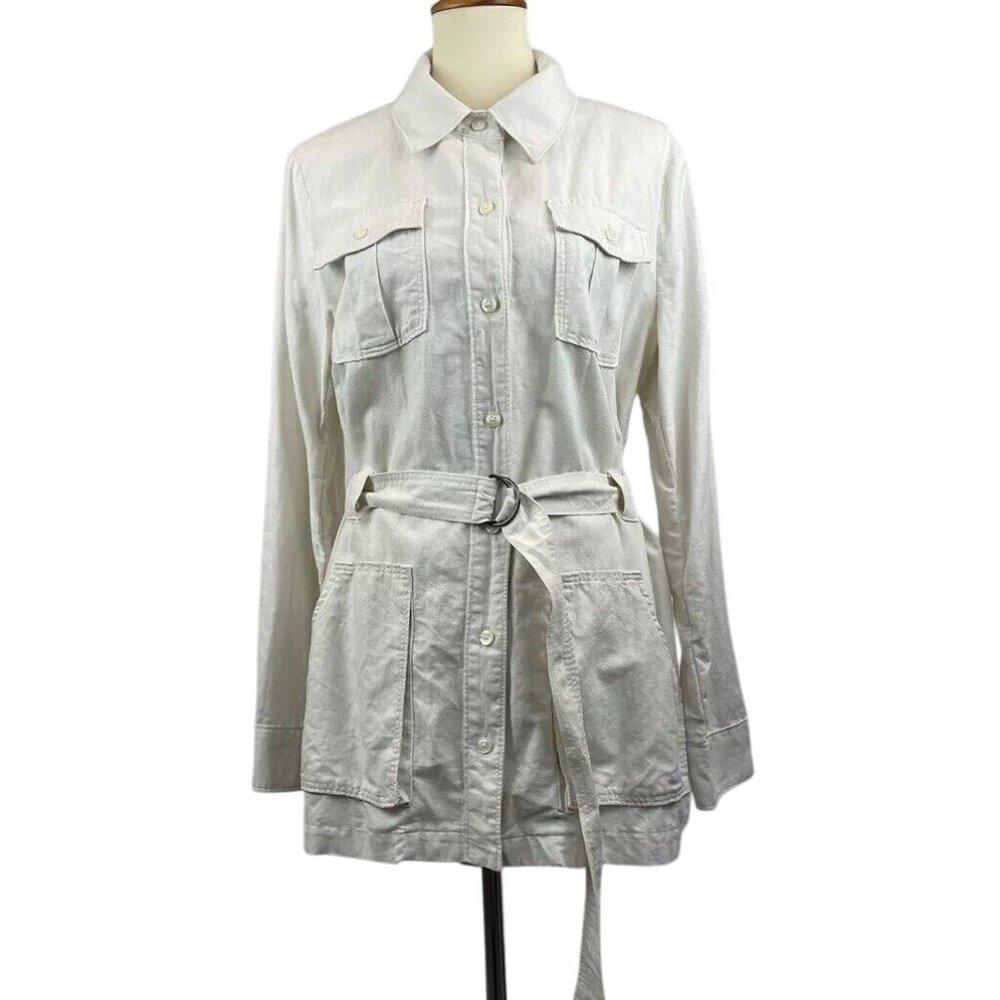 Belted Utility Jacket Women's Pleated Pocket Neutral Beige Size M?